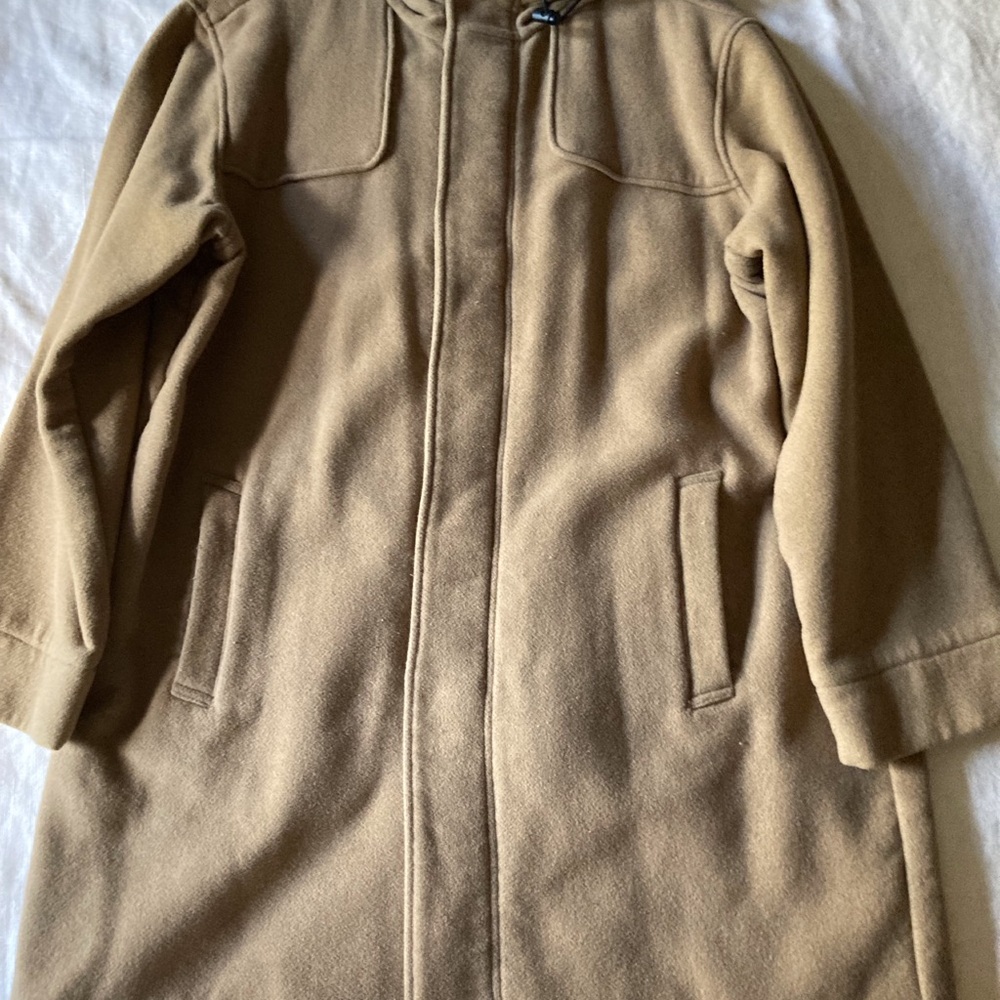 Mens hooded wool overcoat J Crew, concealed front zipper snaps 2 front pockets